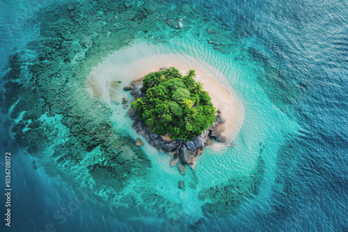 Stunning aerial view of a tropical island. Clear turquoise waters and white sandy beaches.