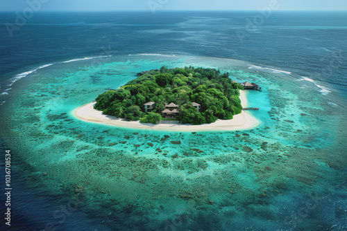 Stunning aerial view of a tropical island. Clear turquoise waters and white sandy beaches.