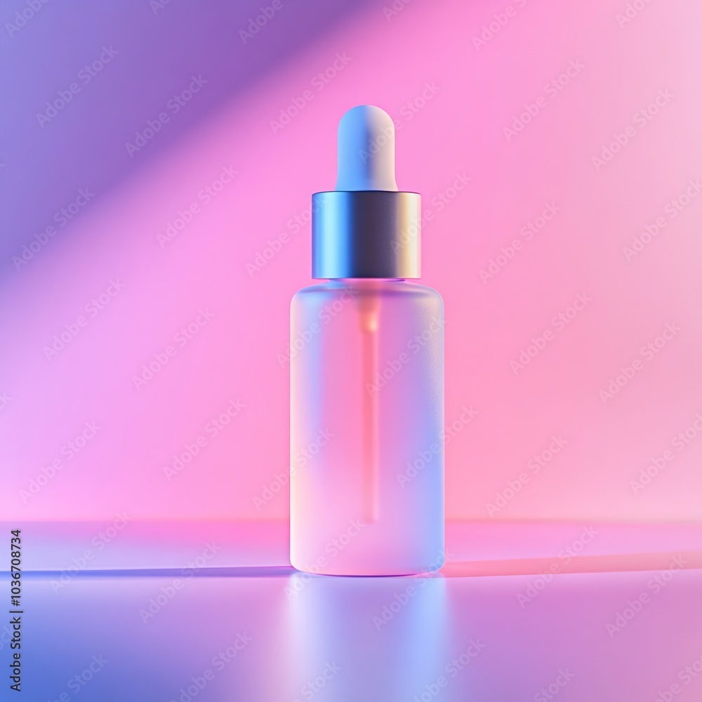 A minimalist skincare serum bottle with a matte finish, isolated on a soft pastel-colored surface with subtle reflections A minimalist skincare serum bottle with a matte finish, isolated on a soft pastel-colored surface with subtle reflections