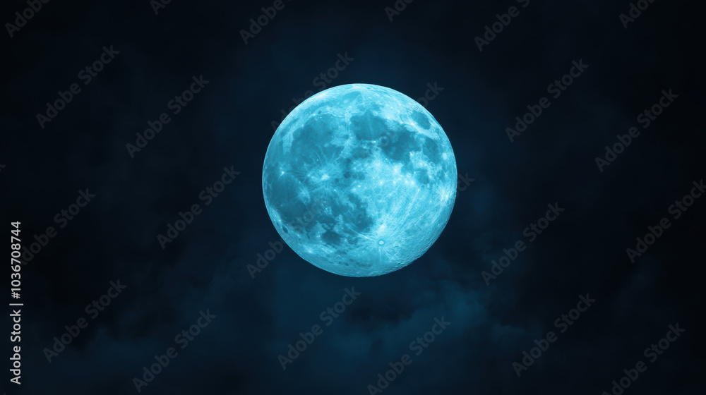 A glowing blue moon surrounded by dark clouds, creating a mystical and serene night sky atmosphere. A glowing blue moon surrounded by dark clouds, creating a mystical and serene night sky atmosphere.