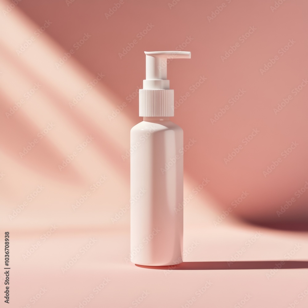 A minimalist sunscreen bottle with a pump, floating against a soft pink background with clean, elegant shadows A minimalist sunscreen bottle with a pump, floating against a soft pink background with clean, elegant shadows