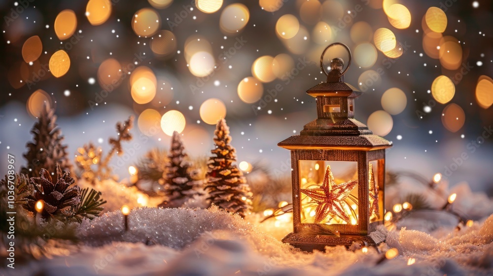 Cozy Christmas Lantern in Snowy Forest Cozy Christmas Lantern in Snowy Forest