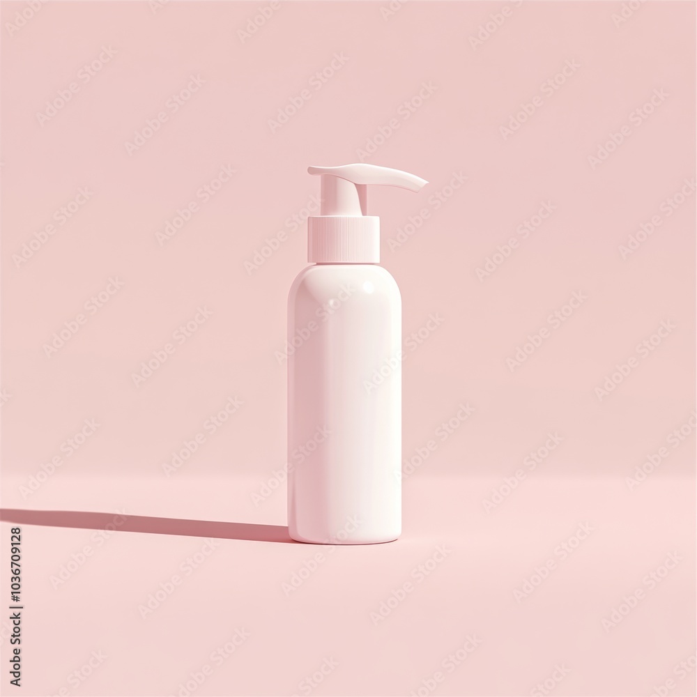 A minimalist sunscreen bottle with a pump, floating against a soft pink background with clean, elegant shadows A minimalist sunscreen bottle with a pump, floating against a soft pink background with clean, elegant shadows