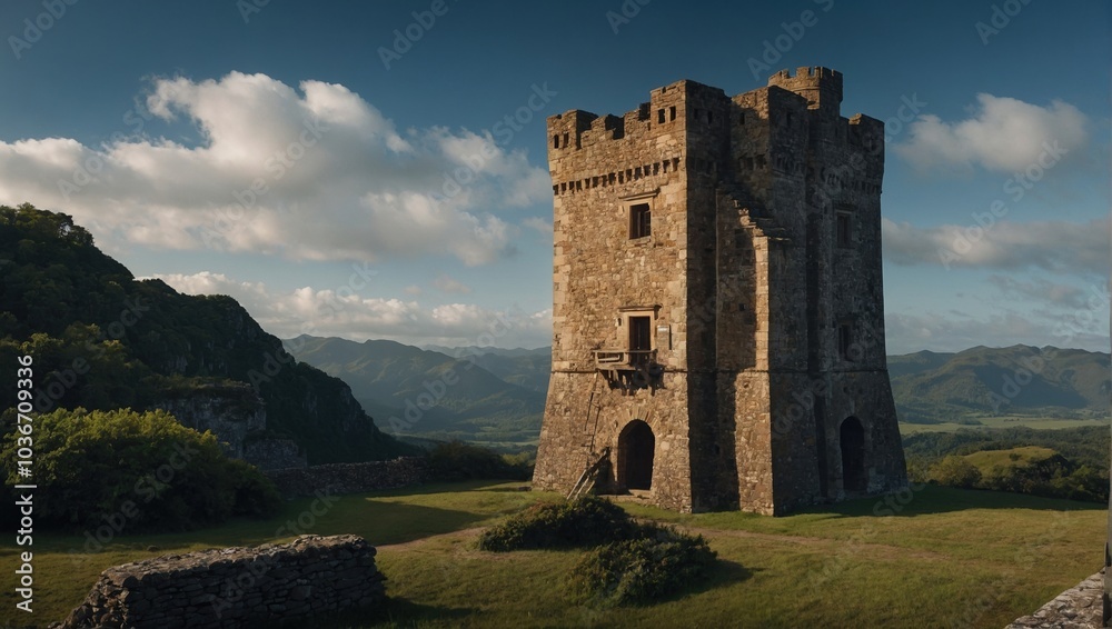 The archer tower stands proudly amidst the vibrant landscape The archer tower stands proudly amidst the vibrant landscape