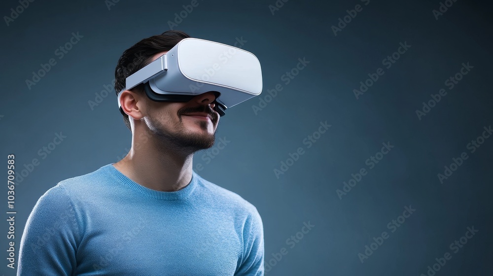 Man Immersed in Virtual Reality Technology, Experiencing Digital World through VR Headset