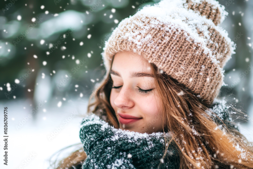 A woman wearing a hat and scarf is smiling in the snow. Concept of warmth and happiness despite the cold weather A woman wearing a hat and scarf is smiling in the snow. Concept of warmth and happiness despite the cold weather
