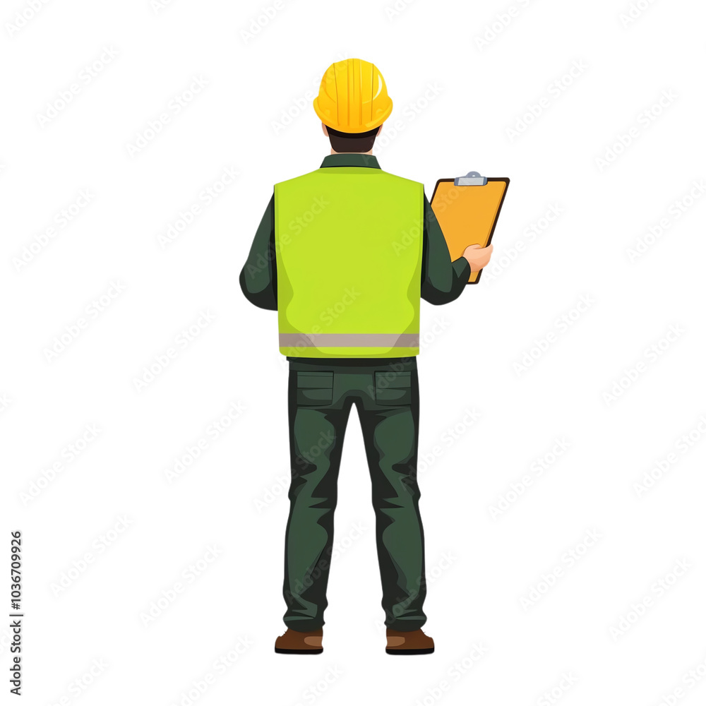 Construction worker in safety gear holding a clipboard, white isolate background. transparent background Construction worker in safety gear holding a clipboard, white isolate background. transparent background