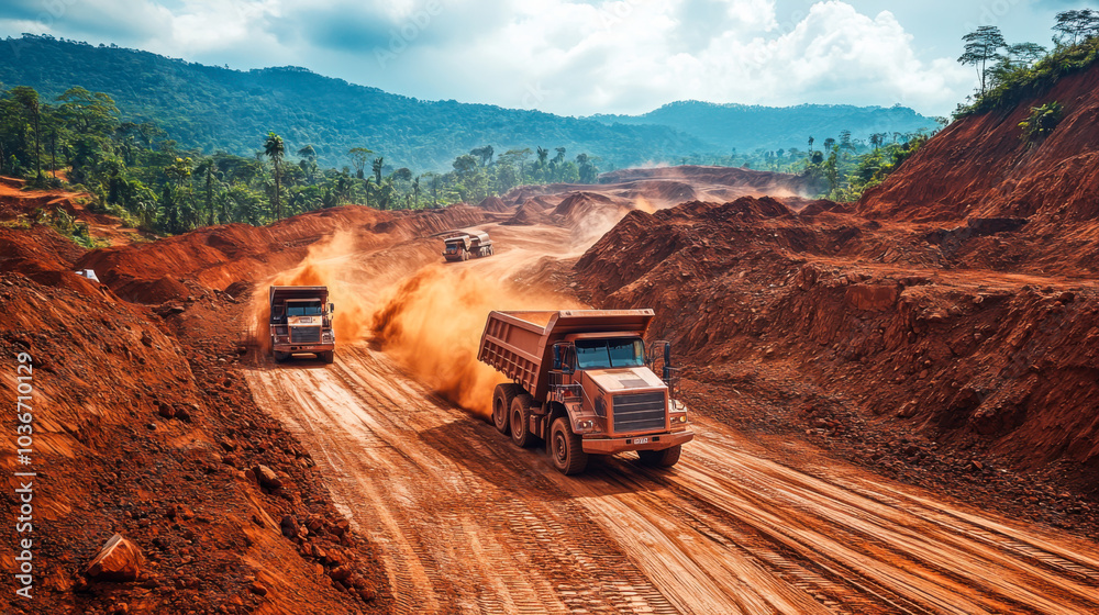 Trucks transport materials along a muddy construction site in a mountainous region under a bright sky Trucks transport materials along a muddy construction site in a mountainous region under a bright sky