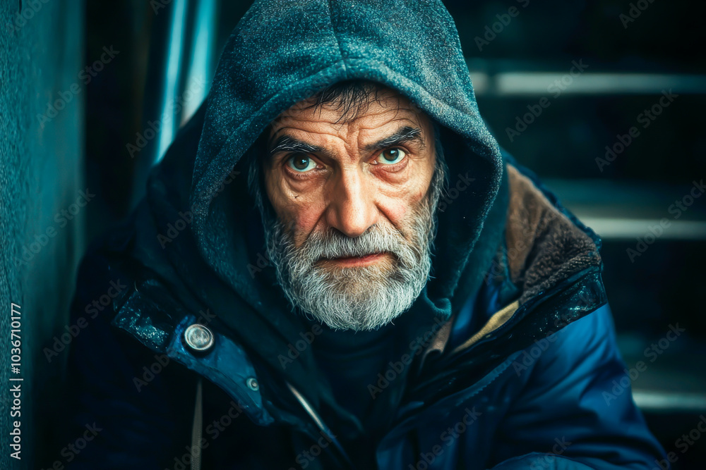 A man with a hooded sweatshirt and a beard is standing in front of a wall. He looks angry and is staring at the camera A man with a hooded sweatshirt and a beard is standing in front of a wall. He looks angry and is staring at the camera