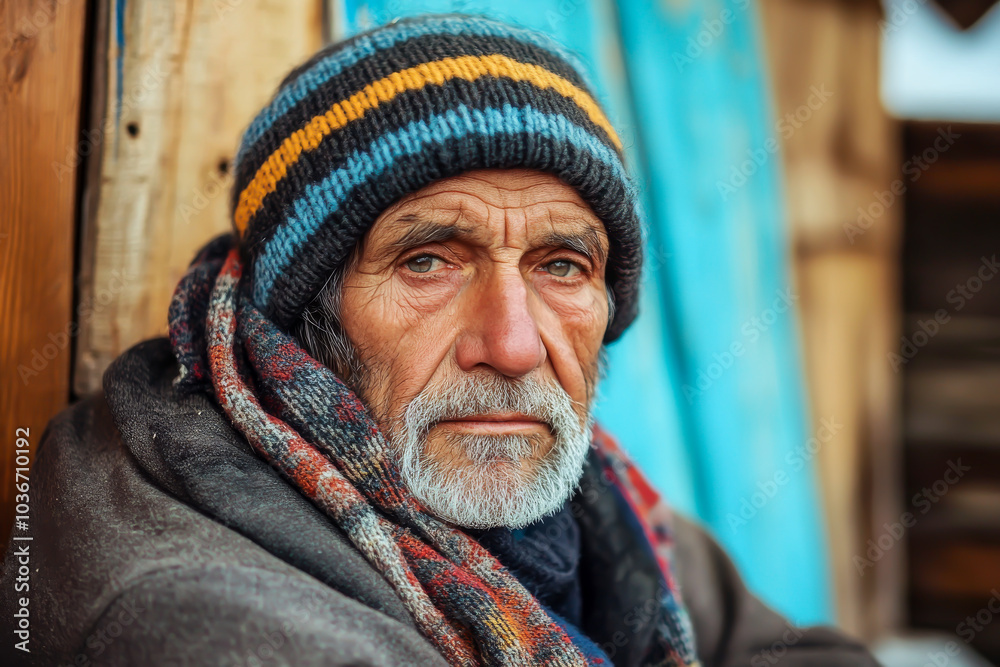 A man wearing a striped hat and scarf is sitting on a wooden bench. He has a serious expression on his face A man wearing a striped hat and scarf is sitting on a wooden bench. He has a serious expression on his face