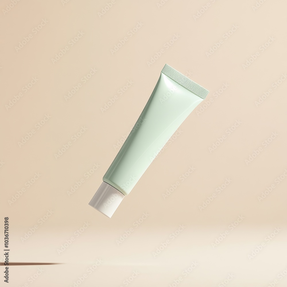 A sleek, pastel-colored skincare tube with a minimal design, floating in mid-air against a beige background with a modern aesthetic A sleek, pastel-colored skincare tube with a minimal design, floating in mid-air against a beige background with a modern aesthetic