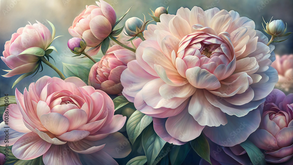 Luxurious peony blossoms in pastel colors on a soft watercolor background Luxurious peony blossoms in pastel colors on a soft watercolor background