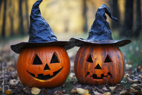 Two pumpkins with black hats and orange faces are sitting on the ground. The scene has a spooky and festive mood, likely representing the Halloween season photo