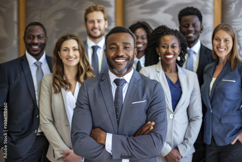 Portrait of happy african american businessman in front of his team Portrait of happy african american businessman in front of his team