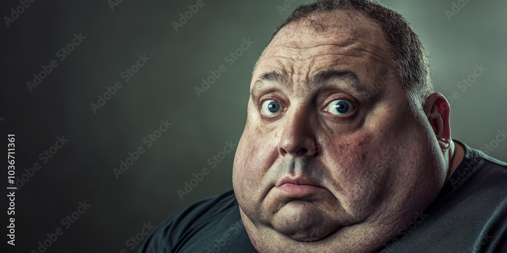 A man with a big face and a big belly is looking at the camera. He is sad or angry A man with a big face and a big belly is looking at the camera. He is sad or angry