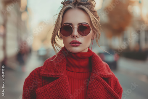 Beautiful fashion model in a red turtleneck sweater and red fur coat outdoors on a city street.