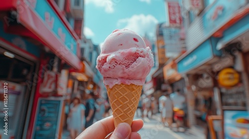 Holding delicious ice cream, enjoying the vibrant street view and sunny summer days. A warm and vibrant atmosphere, perfect summer enjoyment and travel moments.