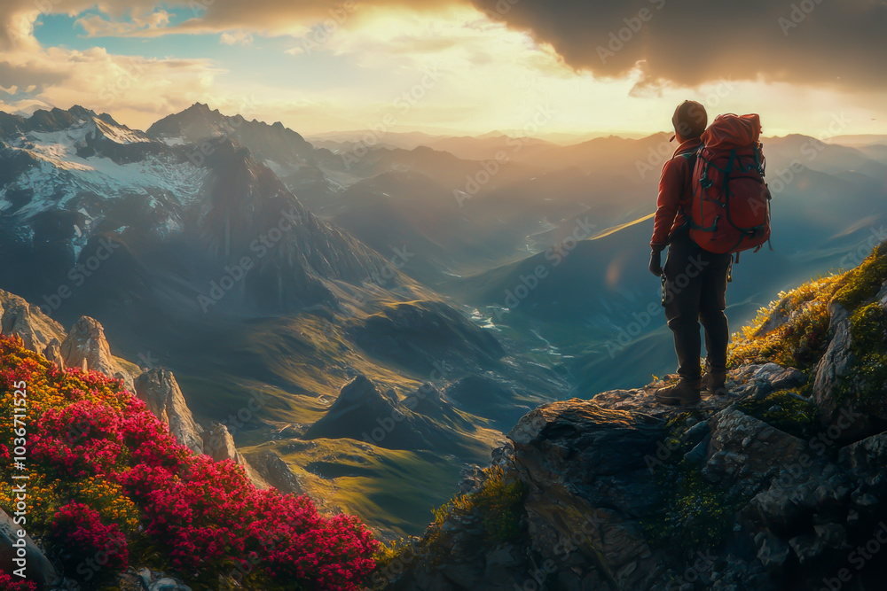 A man is standing on a mountain top with a backpack on. The mountains are covered in snow and the sky is cloudy. The man is looking out over the landscape, taking in the beauty of the scene A man is standing on a mountain top with a backpack on. The mountains are covered in snow and the sky is cloudy. The man is looking out over the landscape, taking in the beauty of the scene