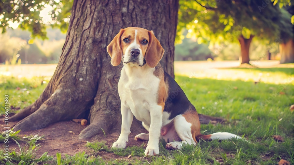 Beagle Dog Sitting Under a Tree Beagle Dog Sitting Under a Tree