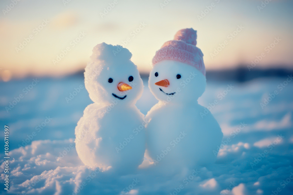 Two snowmen are standing next to each other in the snow. One of them is wearing a pink hat Two snowmen are standing next to each other in the snow. One of them is wearing a pink hat