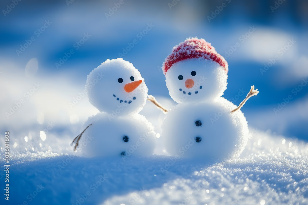 Two snowmen are standing in the snow with one wearing a red hat. The snowmen are smiling and seem to be enjoying the winter weather Two snowmen are standing in the snow with one wearing a red hat. The snowmen are smiling and seem to be enjoying the winter weather