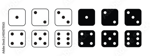 Game dice Icon with side of cube from one to six number. Set of black icon sided for gamble. Dot on cube of casino