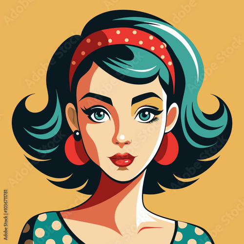 No.2 Vintage Pin-Up: A vector illustration inspired by the pin-up style, featuring a young woman with a voluminous bob and a vibrant polka-dot headband. Her eyes are large and striking, with bold lash