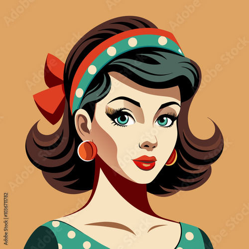 Vintage Pin-Up: A vector illustration inspired by the pin-up style, featuring a young woman with a voluminous bob and a vibrant polka-dot headband. Her eyes are large and striking, with bold lashes