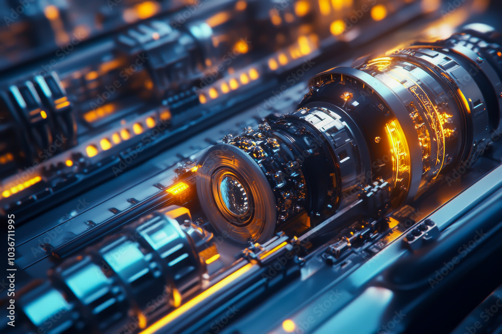 A futuristic looking machine with a lens on it. The lens is surrounded by other gears and wires. The machine is made of metal and has a metallic glow A futuristic looking machine with a lens on it. The lens is surrounded by other gears and wires. The machine is made of metal and has a metallic glow