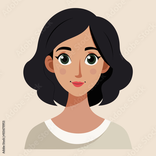 A clean and simple vector illustration of a young woman with medium-length, wavy black hair. The character has a soft, friendly expression with large, almond-shaped eyes and an overall cartoon style. 