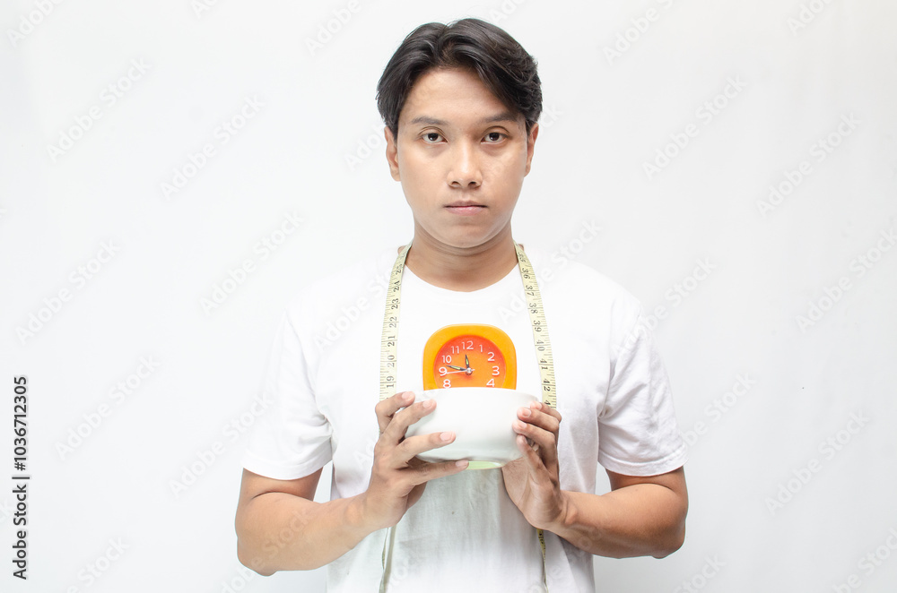unhappy diet concept illustrated by young asian man with sad expression holding measurement tape and bowl with clock. weight loss concept. unhappy diet concept illustrated by young asian man with sad expression holding measurement tape and bowl with clock. weight loss concept.