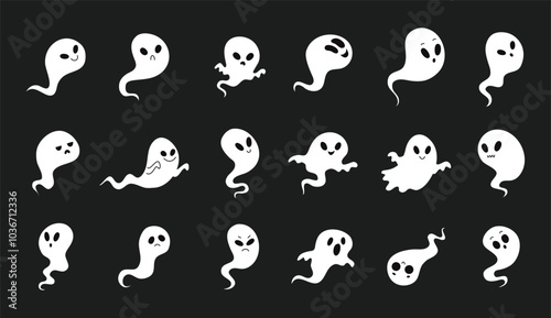 Cartoon cute Halloween ghosts lighting. Vector image of ghost, soul, spirit with glow on black dark background. Halloween, day of the dead, scary for kids