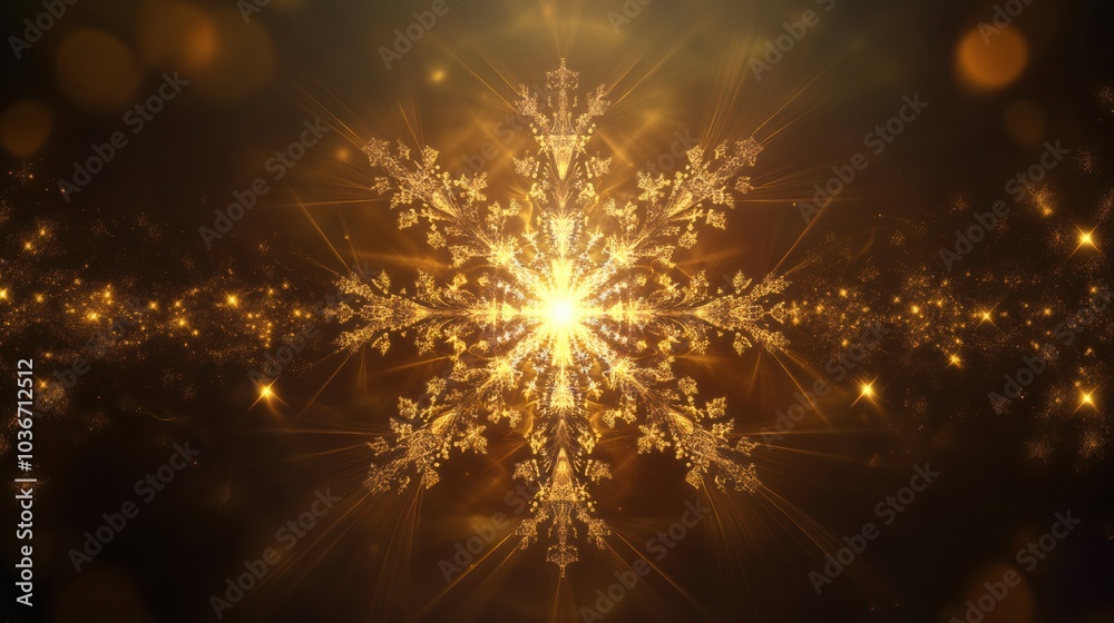 Fototapeta premium Intricate golden snowflake patterns radiate light in a dark setting, creating a captivating and festive atmosphere for winter festivities. Generative AI