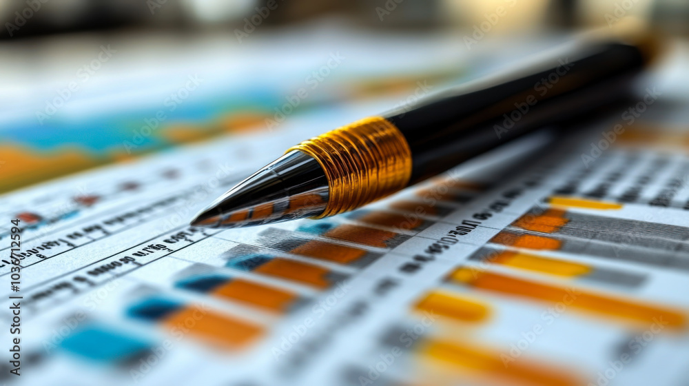 A close-up view of a pen resting on colorful business graphs and charts during a financial analysis session at a desk A close-up view of a pen resting on colorful business graphs and charts during a financial analysis session at a desk
