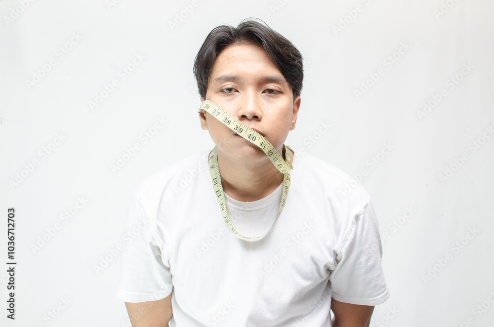 anorexia a diet concept illustrated by young asian man with unhappy expression covering his mouth with a measuring tape. eating disorder concept. extreme diet comcept. anorexia a diet concept illustrated by young asian man with unhappy expression covering his mouth with a measuring tape. eating disorder concept. extreme diet comcept.