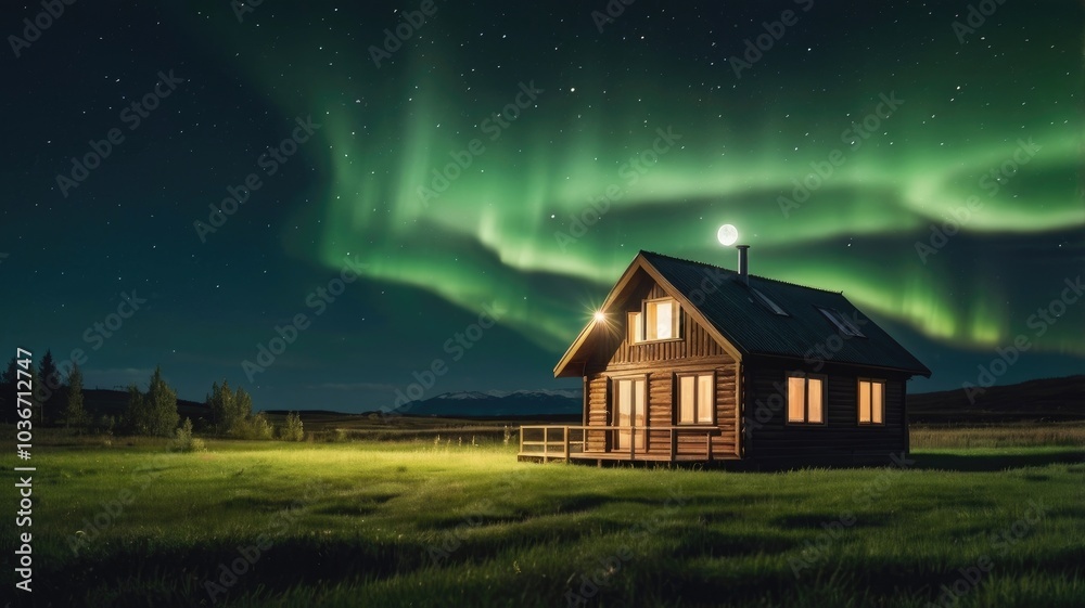 Wooden house with full moon grass northern light in green landscape Wooden house with full moon grass northern light in green landscape