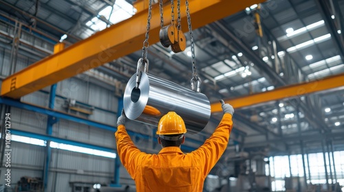 steelworker in orange uniform operates crane, lifting large steel coil in spacious industrial facility. environment is filled with machinery and overhead cranes, showcasing busy manufacturing scene