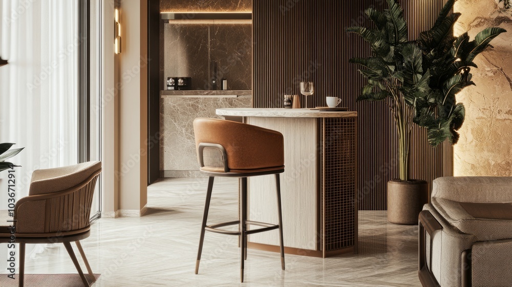A comfortable bar stool beside a restaurant-style table with a coffee setup, blending into a chic living space A comfortable bar stool beside a restaurant-style table with a coffee setup, blending into a chic living space