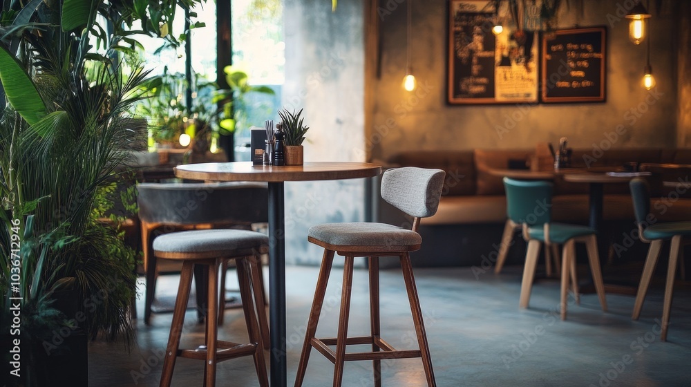 A comfortable bar stool beside a restaurant-style table with a coffee setup, blending into a chic living space A comfortable bar stool beside a restaurant-style table with a coffee setup, blending into a chic living space