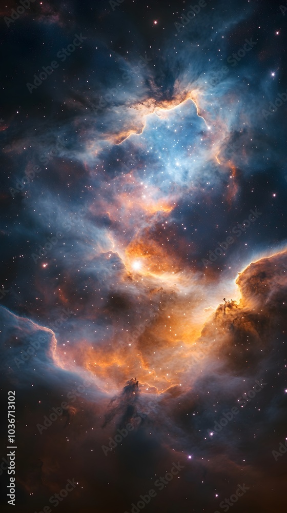 Naklejka premium A stunning view of a nebula, showcasing vibrant blues and oranges against a backdrop of countless stars, evoking a sense of wonder and the vastness of space.