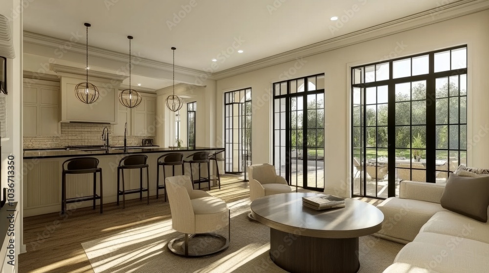 A contemporary living room featuring a bar stool and a round dining table with elegant decor elements A contemporary living room featuring a bar stool and a round dining table with elegant decor elements