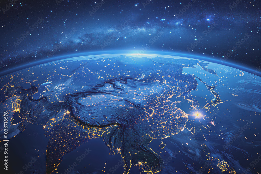 Satellite view of Earth's globe from space, city lights by night, East Asia China abstract map. Satellite view of Earth's globe from space, city lights by night, East Asia China abstract map.