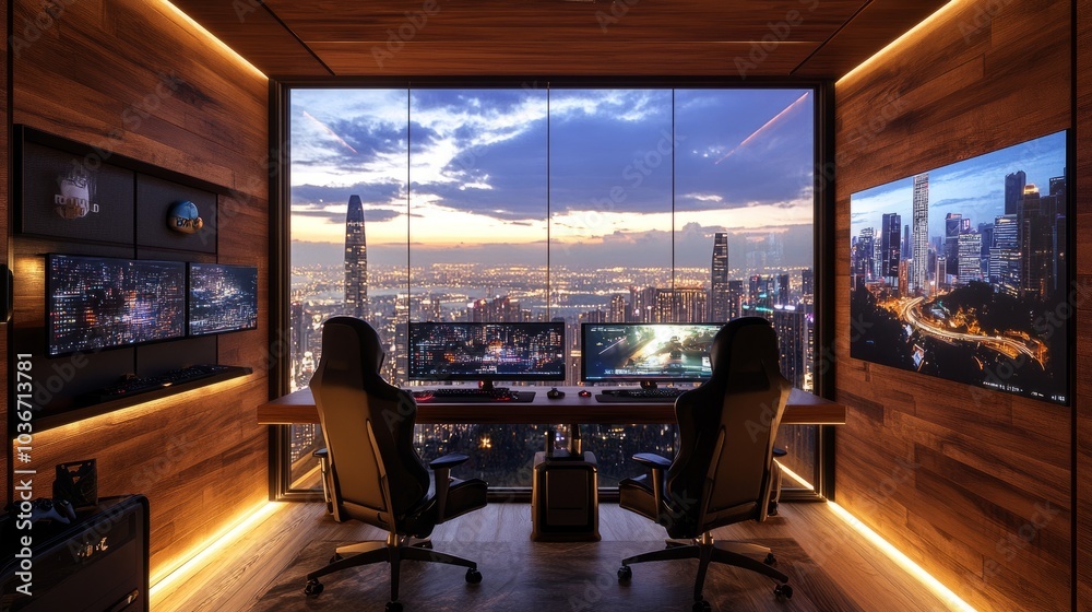 A cozy yet high-tech gaming room with two chairs, a desk, multiple screens, and LED lighting, framed by a wooden wall and city skyline