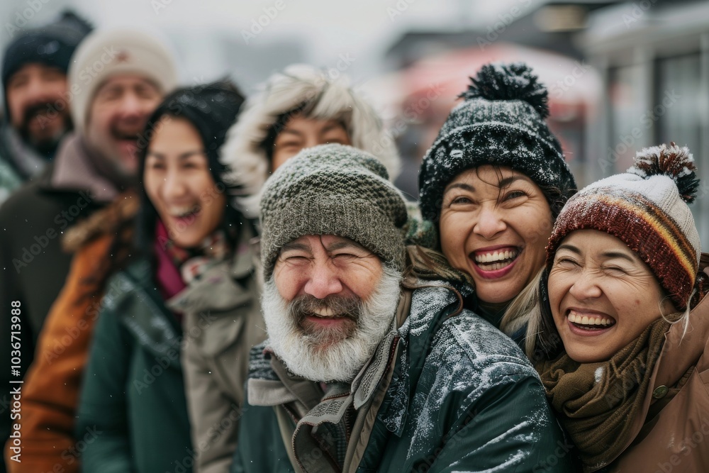 Group of happy senior people in winter clothes walking in the street. Group of happy senior people in winter clothes walking in the street.