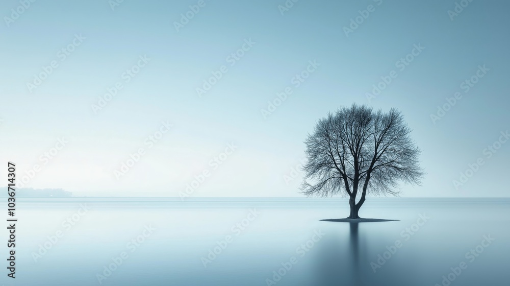 Minimalist style A tree in a lake in a fog Minimalist style A tree in a lake in a fog