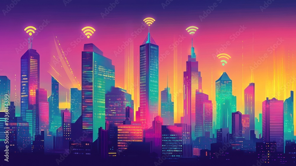 Fototapeta premium Neon Cityscape with Wifi Signals