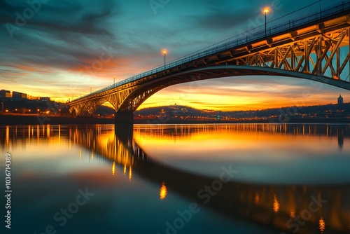 Bridge over a River at Sunset with City Skyline in the Distance