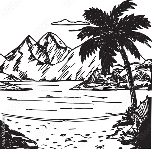 Landscape with sea and palm trees sketch. Summer beach Hand drawn sketch. Summer vacation, vacation, travel concept