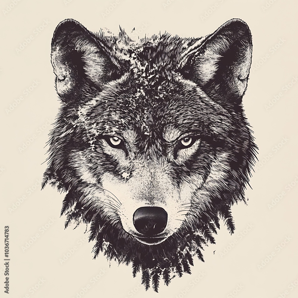 A detailed, realistic drawing of a wolf's head with a forest background. A detailed, realistic drawing of a wolf's head with a forest background.