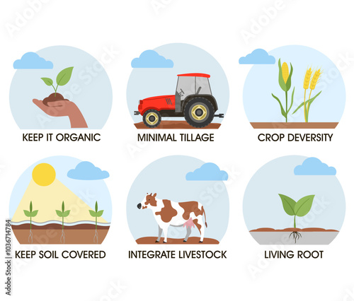 Regenerative agriculture farming icon set, responsible ecological farm concept, soil health and nature friendly. Minimize soil disturbance, integrate livestock, maintain living root